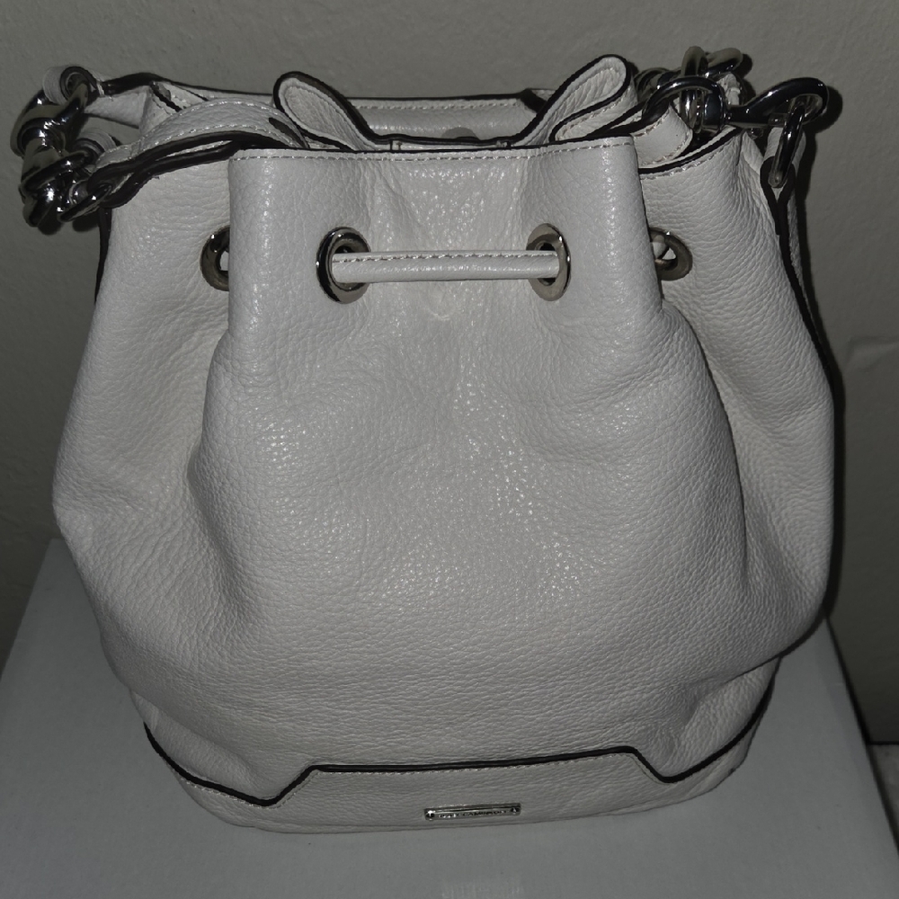 White and Silver Shoulder Bag with Drawstring Closure